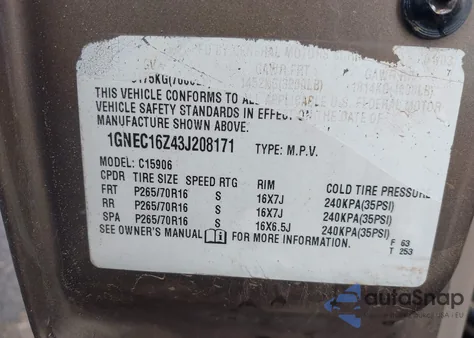 2003 Chevrolet Suburban 1500 Ls z USA, uszkodzony, nr VIN 1GNEC16Z43J208171